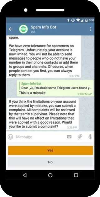 استفاده از ربات spambot برای رفع ریپورت تلگرام