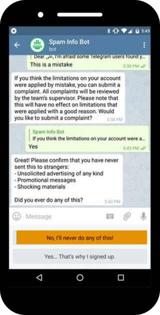 استفاده از ربات spambot برای رفع ریپورت تلگرام