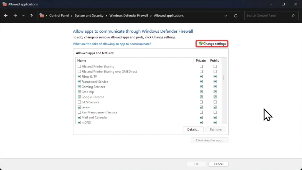 انتخاب Change settings