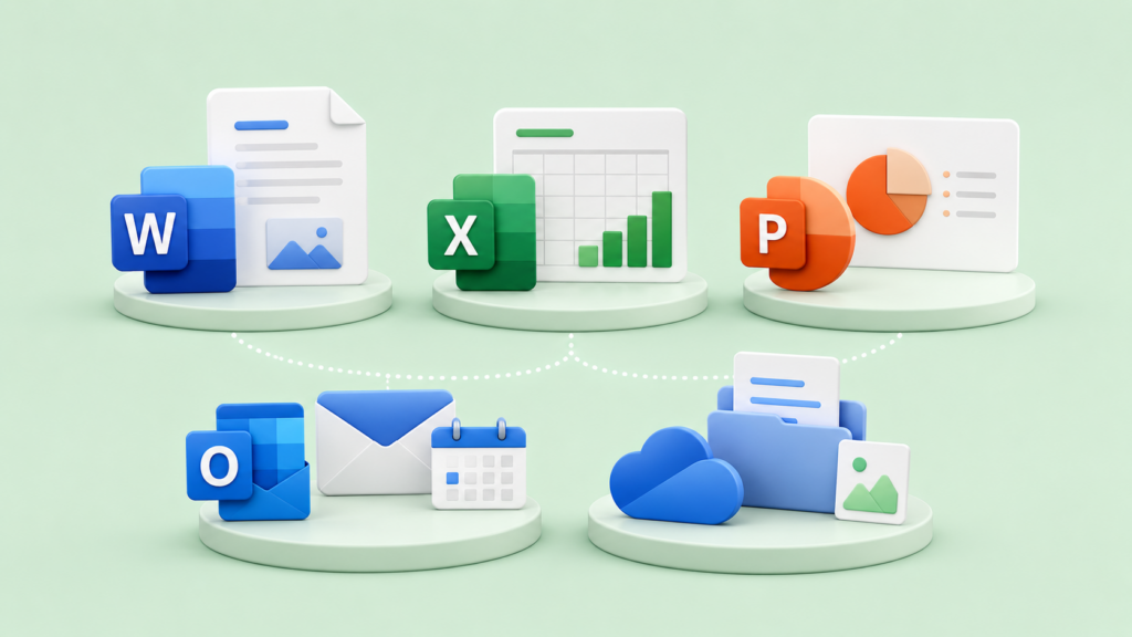 برنامه‌های اصلی مایکروسافت ۳۶۵ شامل Word، Excel، PowerPoint، Outlook و OneDrive