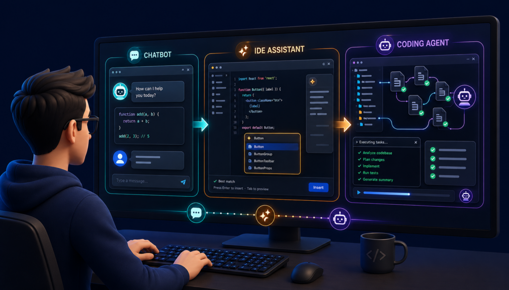 تفاوت چت‌بات، دستیار IDE و Coding Agent در برنامه‌نویسی
