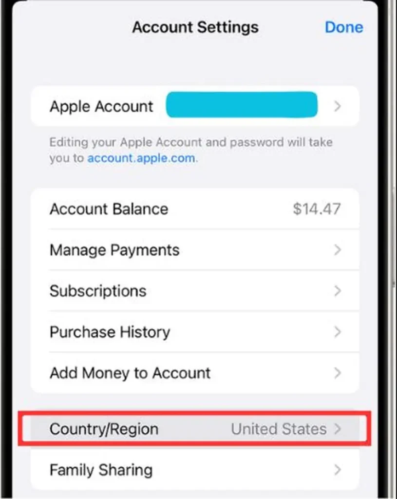 مشاهده کشور ثبت‌شده اپل آیدی در بخش Country/Region آیفون