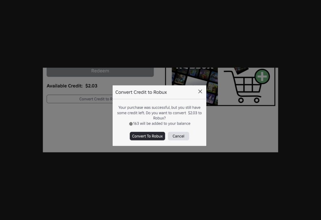 گزینه Convert Credit to Robux برای تبدیل باقیمانده اعتبار