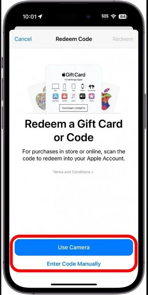 انتخاب Enter Code Manually برای ردیم گیفت کارت اپل در آیفون